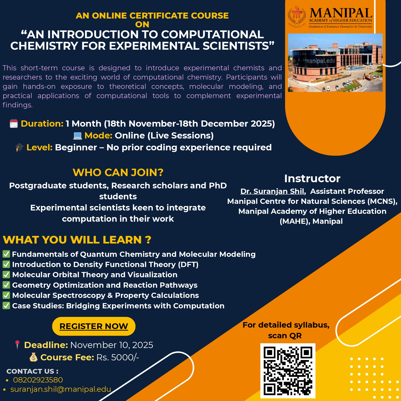 An Online Certificate Course on “AN INTRODUCTION TO COMPUTATIONAL CHEMISTRY FOR EXPERIMENTAL SCIENTISTS”